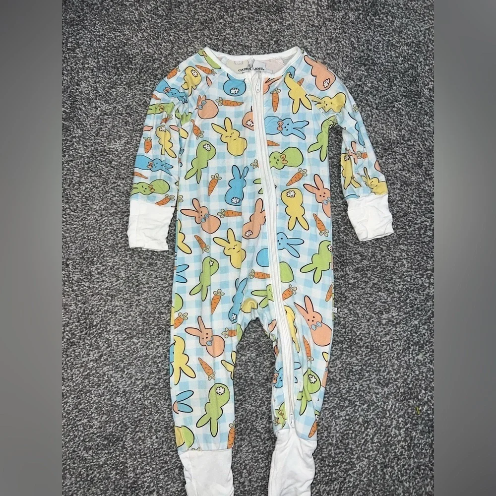 Caden Lane Convertible Romper | Blue Easter Cottontails Cuties 3-6 months